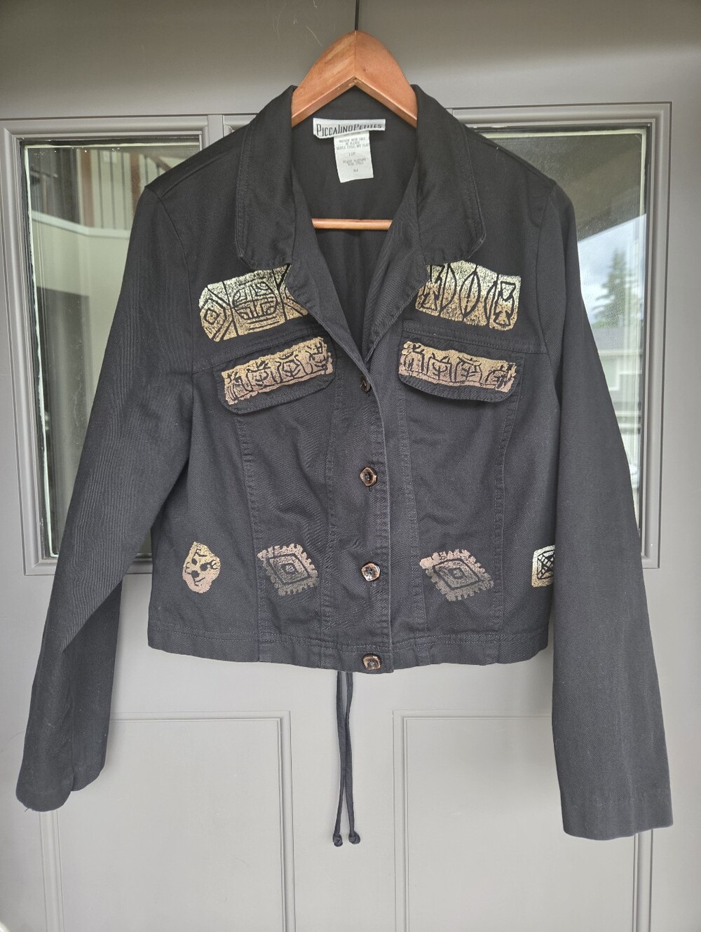 Piccalino Petites VTG Black Cropped Jacket with Gold Metallic Aztec Patches M